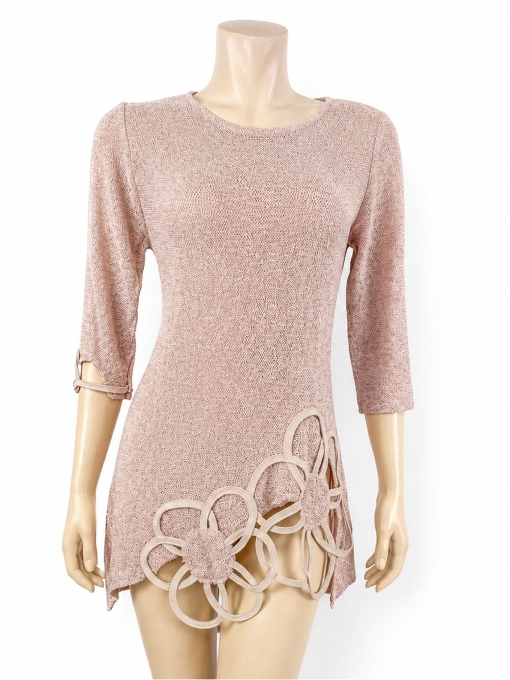 NEW Made In Greece Blush Pink Wool Linen Floral Appliqué Tunic by Moraitis OS